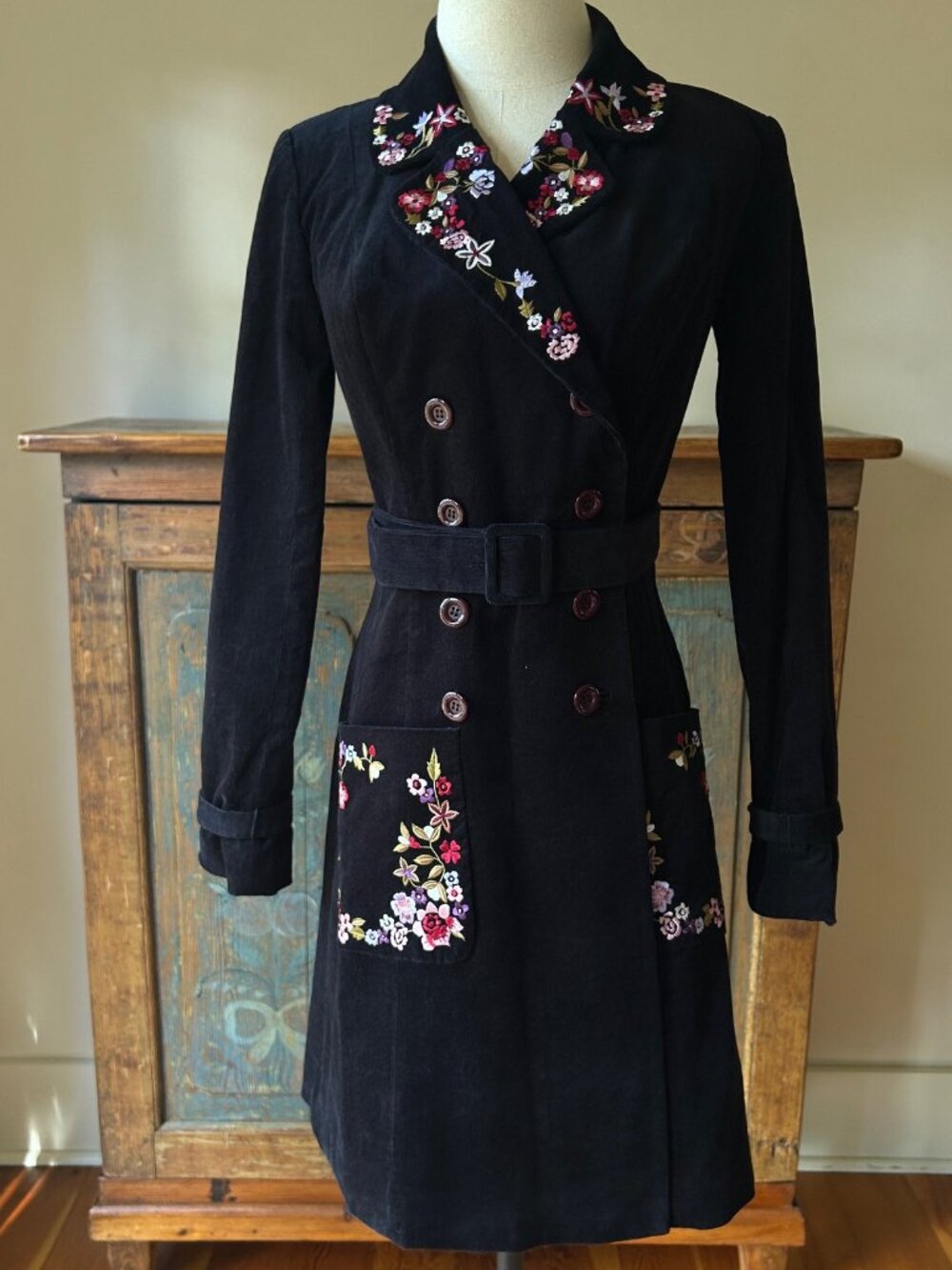 Vintage Betsey Johnson Belted Floral Embroidered Fine Corduroy Coat